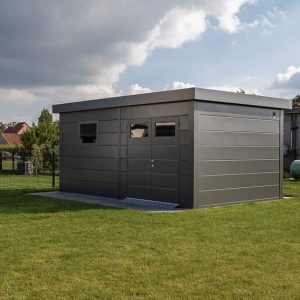 Abri de jardin en acier de 11,6 m² anthracite CLASSICO 3930+ avec double porte vitrée et fenêtre - TELLURIA