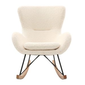 Rocking chair scandinave en tissu effet peau de mouton blanc, métal noir et bois clair ESKUA